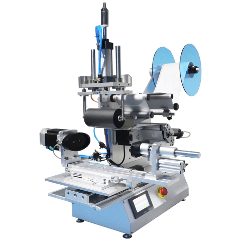 semi-automatic labeling machine for non-round products salm-v2 touchscreen pressure roller